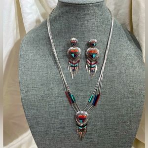 Vintage Navajo Liquid Silver Fringe Multi-Stone Inlay Necklace Signature…